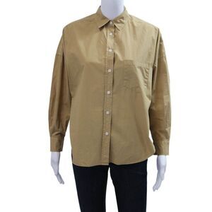LMND Womens Beige Cotton Collared Basic Button Up Long Sleeve Top Size XS